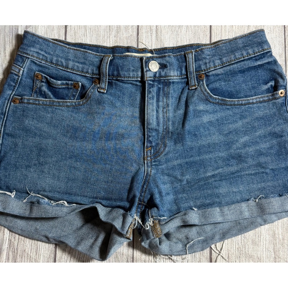 Gap Denim Shorts Womens Blue Medium Wash Mid Rise Cuffed Raw Hem Stretch Size 26
